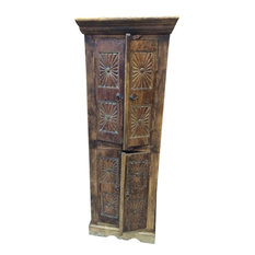 Mogul interior - Consigned Brown Patina Chakra Armoire Carved From India - Rustic armoire brown patina hand carved furniture from India. Hand carved old door armoire crown molding carved at top and scalloped arch carved at bottom of the cabinet. It is a great decorative item for a formal room or near main door entrance, Two hinged doors that open on the side and two shelves.