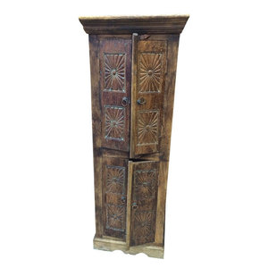 Mogul interior - Consigned Brown Patina Chakra Armoire Carved From India - Rustic armoire brown patina hand carved furniture from India. Hand carved old door armoire crown molding carved at top and scalloped arch carved at bottom of the cabinet. It is a great decorative item for a formal room or near main door entrance, Two hinged doors that open on the side and two shelves.