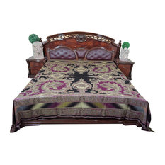 Mogul Interior - Blanket Throw Purple Self Design Jamawar Pashmina Bedspreads - Gorgeous & intricate ethnic medium purple and black reversible warm jamavar wool Indian bedspread bed cover in exquisite huge swirling floral paisley motifs from India.