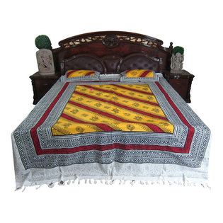 Mogul Interior - Yellow Red Bed Cover 3p Bohemian Cotton Bedspreads Gift Idea - Authentic hand block printed, hand loomed cotton bedspreads.Variation and color runs are an inherent part of the hand crafting process.