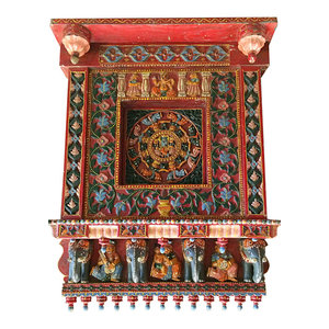 Mogul Interior - Consigned Antique Indian Wall Sculpture - Hand Carved Floral Decor Wall Panel - *Rich with history and detail Indian green and red patina jharokha window is from jodhpur, Rajasthan, India.