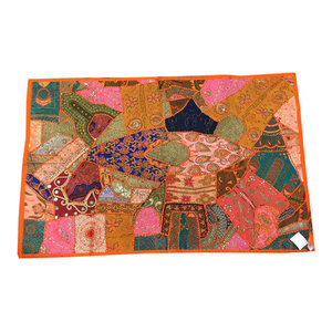 Mogulinterior - Indian Embroidered Orange Tapestry Wall Hanging Sequin Home Decor - This beautiful and intricately embroidered tapestry in rich captivating colors and an assortment of beads and sequins is a intense piece or workmanship.Hand embroidered patches with floral, paisley and Indian motifs in a gorgeous array of design, add to the allure of our beautiful sari wall hanging.