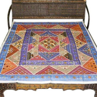 Mogulinterior - Tribal Kutch India Ethnic Bedspread- Blue Red Mirror Embroidery Tapestry Throw - Vibrant multicolor sparkling and mirror work adds to the glitter adorn various motifs cotton vintage sari hues of Color bedspreads.