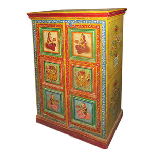 Mogul Interior - Indian Armoire Chest Cabinet Hand Painted Ganesha India yoga decor - The armoire comes from India and is a reproduction of a 19th century vintage pieces.