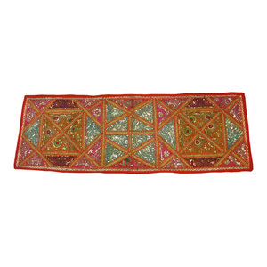 Mogul Interior - Consigned Table Runner Multi Colored Sari Patchwork Sequin Embroidery Tapestry - Versatile in use such that you can use as a table runner or hang on the wall as a huge wall hanging