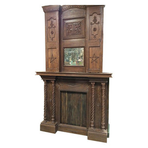 Mogul Interior - Consigned Fireplace Mantel, 2 Pc Old Wood British Colonial Handcarved - Fireplace is truly what India architecture is all about and is an great example of the ancient & old indian art of carving
