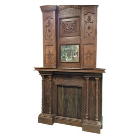Mogul Interior - Consigned Fireplace Mantel, 2 Pc Old Wood British Colonial Handcarved - Fireplace is truly what India architecture is all about and is an great example of the ancient & old indian art of carving