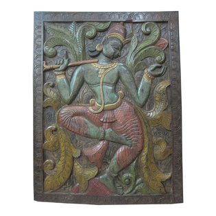 Mogul Interior - Krishna Hand Carved Wall Panel Indian Home Decor Idea - Hand carved wall panels of dancing Krishna door from India.