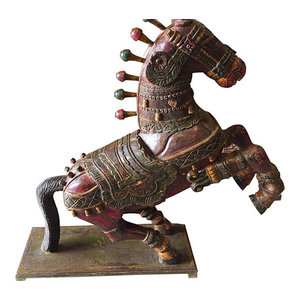 Mogul Interior - Consigned Antique Wooden Galloping Horse Statue Hand Carved Decorative - Decorative Objects And Figurines