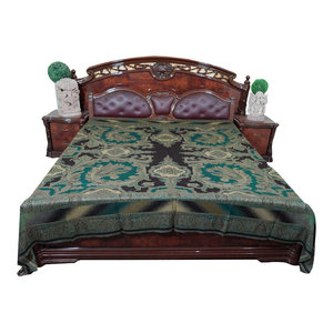 Mogul Interior - Blanket Kashmir Indian Bedding King Size Bed Throw Mogul - Gorgeous & intricate ethnic medium green and black reversible warm jamavar wool Indian bedspread bed cover in exquisite huge swirling floral paisley motifs from India.