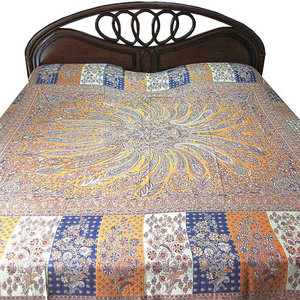 Mogul Interior - Pashmina Indian Bedding Saffron Indigo Medallion Bedspreads Blanket Throw - Gorgeous & intricate king size Yellow,Blue,Cream white Reversible Warm Jamawar Wool Indian Bedding Bedspread Bed cover in exquisite huge swirling Floral paisley motifs with designer paisley borders Blanket from India.