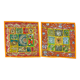 Mogul Interior - Indian Cushion Cover Embroidered Pillowcases Throw, Set of 2 - The ethnic combination of gujrati sequin embroidery and stunning vibrant colors, sari tapestry patchwork and sequin embroidered that shows India's rich cultural heritage.
