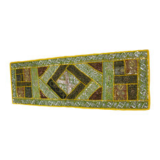 Mogul Interior - Consigned Home Decor Table Runner Sari Green Sequin Embroidered Tapestry - Versatile in use such that you can use as a table runner or hang on the wall as a huge wall hanging.