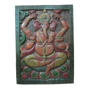 Mogul Interior - Consigned Hand Craved Panel Hindu God Ganesha Wall Decor 36" X 48" - Add special nook in your home with Hand Carved Ganesha Wall Panel.