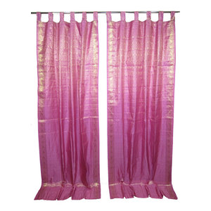 Mogulinterior - 2 Indian Sari Curtains Lavender Pink Gold Brocade Silk Saree Drapes Window Panel - Brocade SARI Silk Blend