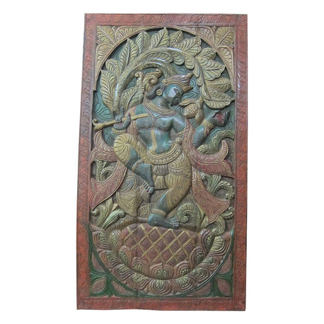 Mogul Interior - Indian Inspired Art Vintage Hand Carved Wood Dancing Krishna Wall Hanging - Wall Decor
