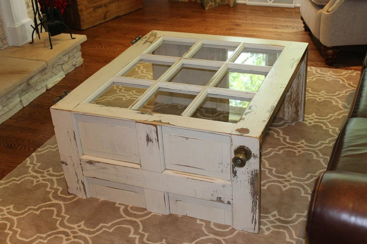 Rustic Living Room Salvaged Door into Coffee Table