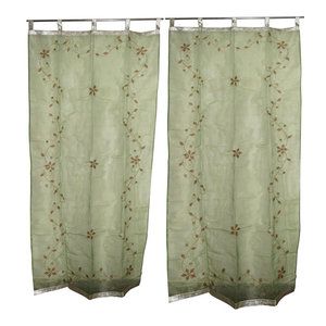 Mogulinterior - 2 Sheer Organza Curtains Star Burst Green Mirror Embroidered Window Panels - Vibrant & stunning decor with our mirror embroidery coral organza sari curtains, add delicate sheer style to your windows.