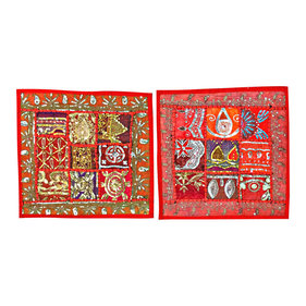 Mogul Interior - 2 Indian Pillow Red Sari Patchwork Sequin Beaded Toss Cushion Covers - The ethnic combination of gujrati embroidery and stunning vibrant colors, sari tapestry patchwork and sequin embroidered that shows India's rich cultural heritage.