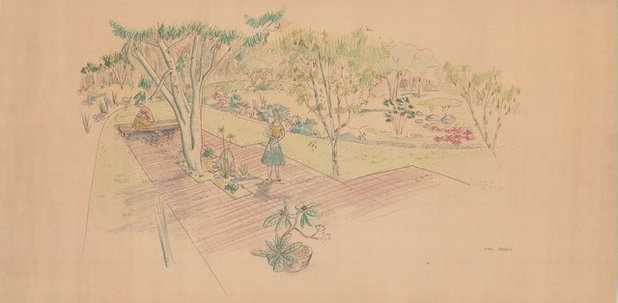 Midcentury Landscape Halprin Sketch of Mary Jean & Joel E.Ferris, II in Proposed Landscape 1955