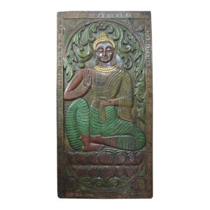 Mogul Interior - Consigned Indian Door Panel Dharmachakra Gandhara Buddha 72" X 36" - The Buddha seated on double lotus base hand carved colorful wall panel from India.
