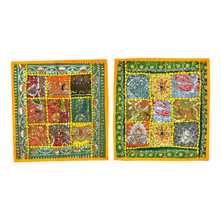 Mogul Interior - Green Yellow Cushion Cover  Bohemian Decor, Set of 2 - The ethnic combination of gujrati sequin embroidery and stunning vibrant colors, sari tapestry patchwork and sequin embroidered that shows India's rich cultural heritage.