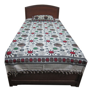 Mogul Interior - India Inspired Bed Cover Authentic Handloom Cotton Floral Bedspreads Pillowcase - Authentic hand block printed, hand loomed cotton bedspreads.Variation and color runs are an inherent part of the hand crafting process.