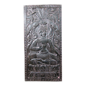 Mogul interior - Consigned Buddha Door Panel Black Patina Hnad Carved Meditation Room Interior - The Buddha seated on double lotus base hand carved door panel from India.