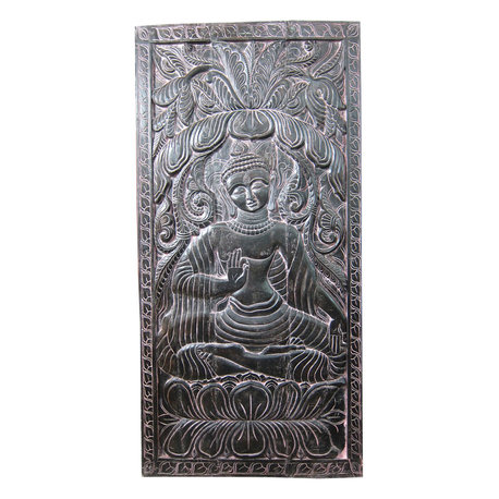 Mogul interior - Consigned Buddha Door Panel Black Patina Hnad Carved Meditation Room Interior - Wall Decor