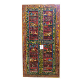 Mogul Interior - Consigned Indian Doors Ganesha Krishna Mantra Red Vintage Antique Doors - Rich with history and detail these set of doors will accent beautifully any room.