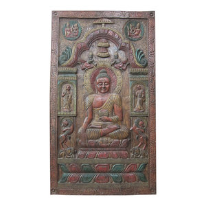 Mogul Interior - Antique Wood Carving Indian Wall Art Buddha Vitarka Teaching Door Panels Yoga - The Buddha seated on double lotus base hand carved vintage door panel from India.
