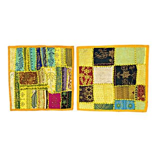 Mogul Interior - 2 Indian Cushion Covers Vintage Patchwork Pillow Cover Bohemian Home Deco - The ethnic combination of gujrati embroidery and stunning vibrant colors, sari tapestry patchwork and sequin embroidered that shows India's rich cultural heritage.
