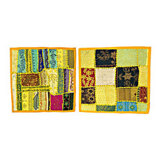 Mogul Interior - 2 Indian Cushion Covers Vintage Patchwork Pillow Cover Bohemian Home Deco - The ethnic combination of gujrati embroidery and stunning vibrant colors, sari tapestry patchwork and sequin embroidered that shows India's rich cultural heritage.