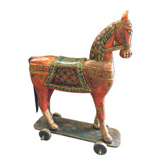 Mogul interior - Consigned Horse On Wheels Solid Rustic Wood Handmade Sculpture Figurine - Jaipur hand painted design decorative wooden indian horse on wheel figures statues for your home decor.