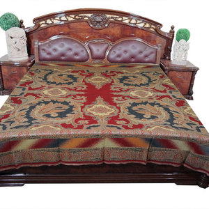 MogulInterior - Pashmina Blanket Throw Red Black Reversible Bedspread King Sz - Gorgeous & intricate ethnic medium black, red and ivory reversible warm jamavar wool Indian bedspread bed cover in exquisite huge swirling floral paisley motifs from India.