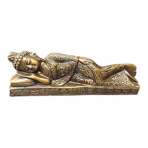 Mogul Interior - Indian Religious Gift Sleeping Lord Buddha Handmade Brass Idol Sculpture 7" - Lord Buddha carved in copper brass with sleeping Mudra carving. so that every detail of sculpture shows very beautifully.