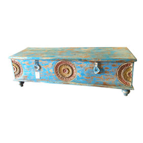 Mogul Interior - Consigned Reclaimed Wood Blue Trunk Coffee Table - A stunning blue painted wood pitara trunk that promises to take your room.
