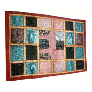 Mogul Interior - Sari Tapestry Exotic Raspberry Patchwork Beaded Tapestry - This exquisite work of handmade Indian textile art is covered with intricate sequins.