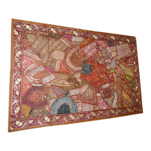 mogulinterior - Embroidered Wall Hangings Brown Sari Patchwork Tapestry - This beautiful and intricately embroidered tapestries and decorative wall hangings are truly breathtaking.