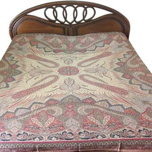 Mogul Interior - Chakra Pashmina Blanket Throw Beige Red Paisley Kashmir Indian Bedding - Gorgeous & intricate king size medium Red, olive green and Black reversible warm jamavar wool Indian bedspread bed cover in exquisite huge swirling floral paisley motifs from India.