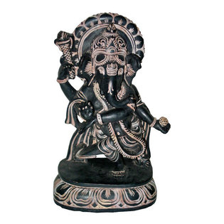 Mogul Interior - Consigned Powerful Ganapati Hand Carved Black Stone Sculpture - Ganesha Statue beautifully hand carved.