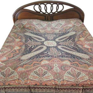 Mogul Interior - Pashmina Bedspread Orange Black Reversible Blanket India Bedding Bed Cover - Gorgeous & intricate ethnic medium Orange and Black reversible warm jamavar wool Indian bedspread bed cover in exquisite huge swirling floral paisley motifs from India.