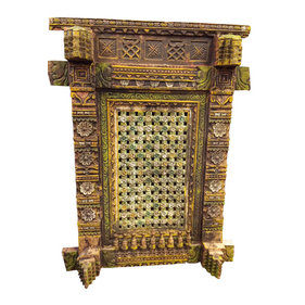 Mogul Interior - Consigned Reclaimed Woods Jaipur Wall Sculpture Terrace Window Floral - Rich with history and detail Indian pear red patina jharokha window is from jodhpur, Rajasthan, India.