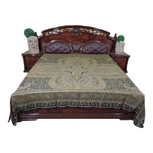 Mogul Interior - Throw Paisley Self Design Reversible Bedspread King Sz - Gorgeous & intricate ethnic medium heena green and blue reversible warm jamavar wool Indian bedspread bed cover in exquisite huge swirling floral paisley motifs from India.
