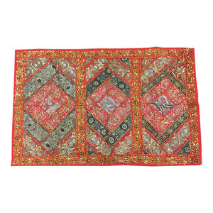 Mogulinterior - Indian wall Hanging Tapestry Embroidery Sequins Sari Patchwork Wall Decor - Square Orange Patchwork Sari tapestries are handmade from vintage embroidered saris and Zardozi patches and are beautifully exotic creations.This beautiful and intricately embroidered tapestry in rich captivating colors and an assortment of beads and sequins is a intense piece or workmanship.Hand embroidered patches with floral, paisley and Indian motifs in a gorgeous array of design, add to the allure of our beautiful sari wall hanging.