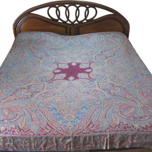 Mogul Interior - Pashmina Bedspread Paisley Blanket Fuschia Reversible Indian Bedding - Gorgeous & intricate ethnic Purple, blue, Black, Beige, Brown, Red Reversible Warm Jamavar Wool Indian Bedding Bedspread Bed cover in exquisite huge swirling Floral Paisley motifs with designer paisley borders Blanket from India.