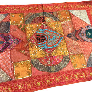 Mogul interior - Consigned Indian Inspired Tapestry Red Hand Embroidered Patchwork Wall Hanging - Sari tapestries are handmade from embroidered saris and Zardozi patches and are beautifully exotic creations.