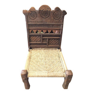 Mogul Interior - Consigned Tribal Rope Chair Rajasthani Chakra Rustic Reclaimed Wood - Indian home Furniture Beautiful chakra carving wooden chairs,living room chair,solid wood dining chairs a cozy piece of outdoor furniture, a comfortable rest upon for enjoying your outdoor spaces.