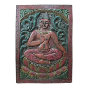 Mogul Interior - Consigned Gandhara Buddha Teaching Wall Panel - The Buddha seated on double lotus base hand carved colorful door panel from India.