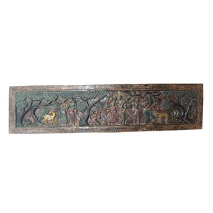 Mogul Interior - Headboard Radha Krishna Hand Carved Headboards Wall Panel - Home Decor Radha Krishna Dancing Rass leela Hand Carved scalloped top Headboard.